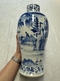 A pair of Chinese blue and white covered vases and two covered jars, Kangxi mark, 19th C