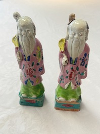Two Chinese Dehua blanc-de-Chine Buddhist lions, three famille rose figures, and a white-glazed group, Kangxi and later