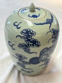 A pair of Chinese blue and white covered vases and two covered jars, Kangxi mark, 19th C