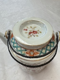 A Chinese famille rose wine pot and a pair of covered wine warming bowls with cups, Qianlong and Wang Fulong Zhi 汪福隆制 marks, 19/20th C.