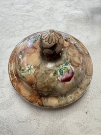 A Chinese famille rose 'Faux-Bois' teapot and three plates, Qianlong