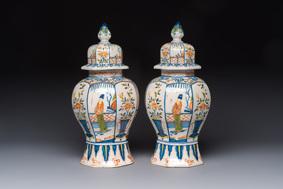 A pair of polychrome Dutch Delft chinoiserie vases, Tichelaar, Makkum, Friesland, 19/20th C.