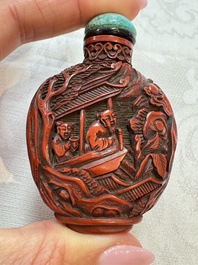 Nine Chinese cinnabar lacquer snuff bottles and a covered box, Qianlong marks, 19/20th C.