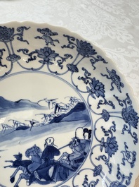 A pair of Chinese blue and white 'Hunting' plates, Chenghua marks, Kangxi
