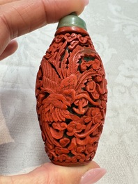 Nine Chinese cinnabar lacquer snuff bottles and a covered box, Qianlong marks, 19/20th C.