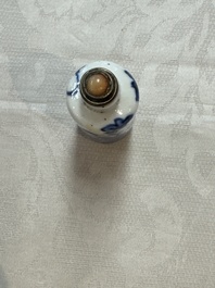 Five Chinese copper-red, blue and white, and polychrome snuff bottles, Yongzheng and Daoguang marks, 19/20th C.