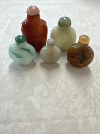 Five various Chinese jade, jadeite, agate and glass snuff bottles, 19th C.