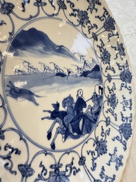 A pair of Chinese blue and white 'Hunting' plates, Chenghua marks, Kangxi
