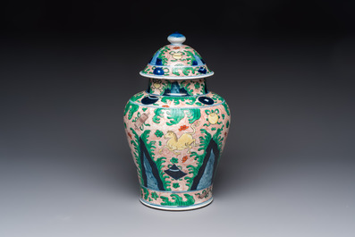 A French wucai-style 'Flying Horses' vase and cover, Samson, Paris, 19th C.