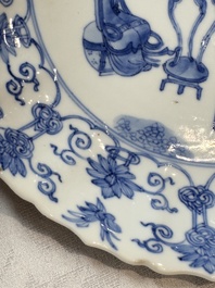 A Chinese blue and white 'Elegant Ladies Making Music' plate, Chenghua mark, Kangxi