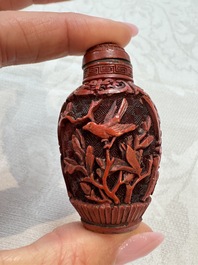 Nine Chinese cinnabar lacquer snuff bottles and a covered box, Qianlong marks, 19/20th C.