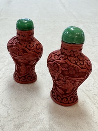 Nine Chinese cinnabar lacquer snuff bottles and a covered box, Qianlong marks, 19/20th C.