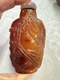 Five various Chinese jade, jadeite, agate and glass snuff bottles, 19th C.