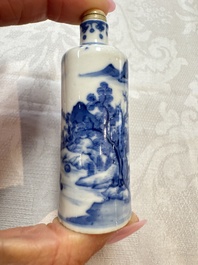 Three Chinese blue and white snuff bottles with landscapes and 'Buddhist Lions', Yongzheng marks, 19th C.