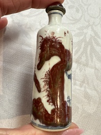 Five Chinese copper-red, blue and white, and polychrome snuff bottles, Yongzheng and Daoguang marks, 19/20th C.