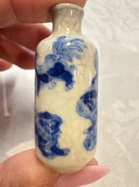 Three Chinese blue and white snuff bottles with landscapes and 'Buddhist Lions', Yongzheng marks, 19th C.