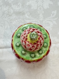 A Chinese famille rose 'Lotus Bud' tea caddy and cover, Qianlong mark, 19th C.