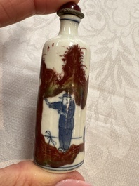 Five Chinese copper-red, blue and white, and polychrome snuff bottles, Yongzheng and Daoguang marks, 19/20th C.