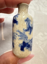 Three Chinese blue and white snuff bottles with landscapes and 'Buddhist Lions', Yongzheng marks, 19th C.