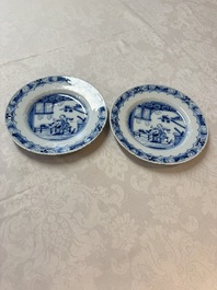 A pair of rare blue and white Dutch Delft 'Shoemaker' plates, 18th C.