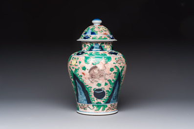 A French wucai-style 'Flying Horses' vase and cover, Samson, Paris, 19th C.