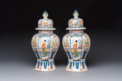 A pair of polychrome Dutch Delft chinoiserie vases, Tichelaar, Makkum, Friesland, 19/20th C.