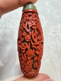 Nine Chinese cinnabar lacquer snuff bottles and a covered box, Qianlong marks, 19/20th C.