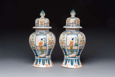 A pair of polychrome Dutch Delft chinoiserie vases, Tichelaar, Makkum, Friesland, 19/20th C.