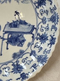 A Chinese blue and white 'Elegant Ladies Making Music' plate, Chenghua mark, Kangxi