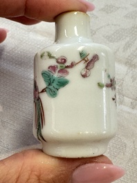 A group of four Chinese porcelain and agate snuff bottles, a miniature vase and a carved seed, Yongzheng and Qianlong marks, 19/20th C.