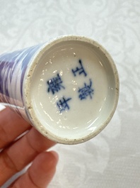 Three Chinese blue and white snuff bottles with landscapes and 'Buddhist Lions', Yongzheng marks, 19th C.