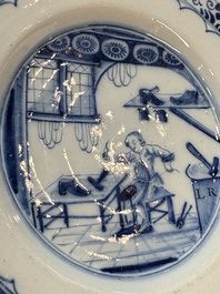A pair of rare blue and white Dutch Delft 'Shoemaker' plates, 18th C.