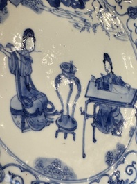 A Chinese blue and white 'Elegant Ladies Making Music' plate, Chenghua mark, Kangxi