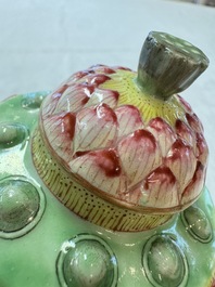 A Chinese famille rose 'Lotus Bud' tea caddy and cover, Qianlong mark, 19th C.