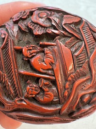 Nine Chinese cinnabar lacquer snuff bottles and a covered box, Qianlong marks, 19/20th C.