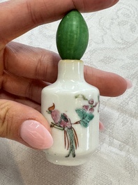 A group of four Chinese porcelain and agate snuff bottles, a miniature vase and a carved seed, Yongzheng and Qianlong marks, 19/20th C.