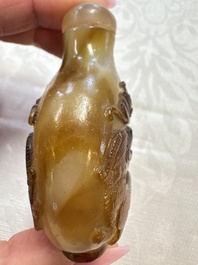 Five various Chinese jade, jadeite, agate and glass snuff bottles, 19th C.