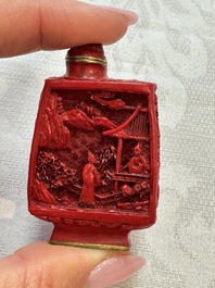 Nine Chinese cinnabar lacquer snuff bottles and a covered box, Qianlong marks, 19/20th C.