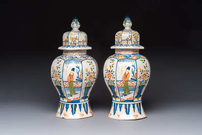 A pair of polychrome Dutch Delft chinoiserie vases, Tichelaar, Makkum, Friesland, 19/20th C.