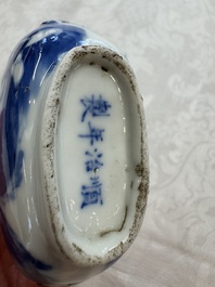 A Chinese iron-red 'Dragon' covered box, a blue and white '100 Boys' and a famille verte 'Fish' snuff bottle, Shunzhi mark, 19th C.