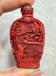 Nine Chinese cinnabar lacquer snuff bottles and a covered box, Qianlong marks, 19/20th C.