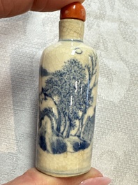 Three Chinese blue and white snuff bottles with landscapes and 'Buddhist Lions', Yongzheng marks, 19th C.