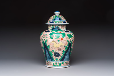 A French wucai-style 'Flying Horses' vase and cover, Samson, Paris, 19th C.