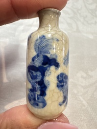Three Chinese blue and white snuff bottles with landscapes and 'Buddhist Lions', Yongzheng marks, 19th C.