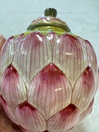 A Chinese famille rose 'Lotus Bud' tea caddy and cover, Qianlong mark, 19th C.
