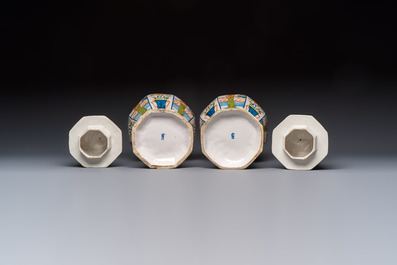 A pair of polychrome Dutch Delft chinoiserie vases, Tichelaar, Makkum, Friesland, 19/20th C.