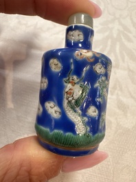Five Chinese copper-red, blue and white, and polychrome snuff bottles, Yongzheng and Daoguang marks, 19/20th C.