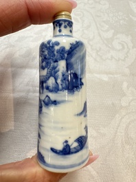 Three Chinese blue and white snuff bottles with landscapes and 'Buddhist Lions', Yongzheng marks, 19th C.