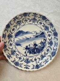 A pair of Chinese blue and white 'Hunting' plates, Chenghua marks, Kangxi