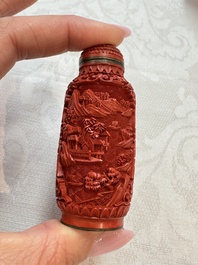 Nine Chinese cinnabar lacquer snuff bottles and a covered box, Qianlong marks, 19/20th C.